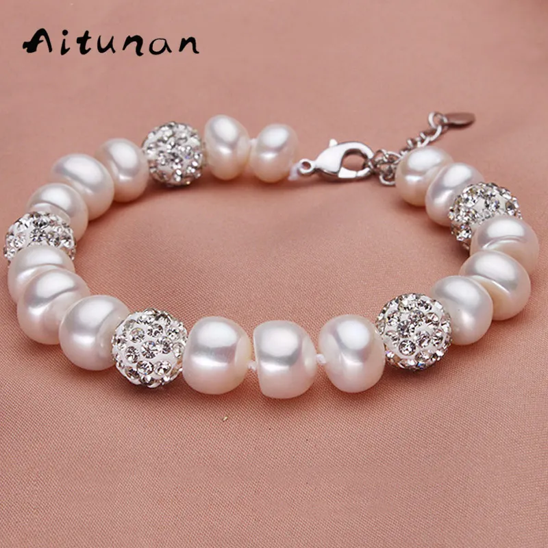 Fashion Natural Freshwater Pearl Bracelets Ball Crystal Pearl Bracelets