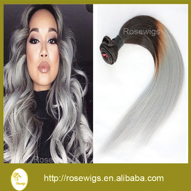 

7A Brazilian Virgin Hair Extension Bundles Grey Hair Weft Human Hair Virgin Ombre 2Inch 1b/Grey