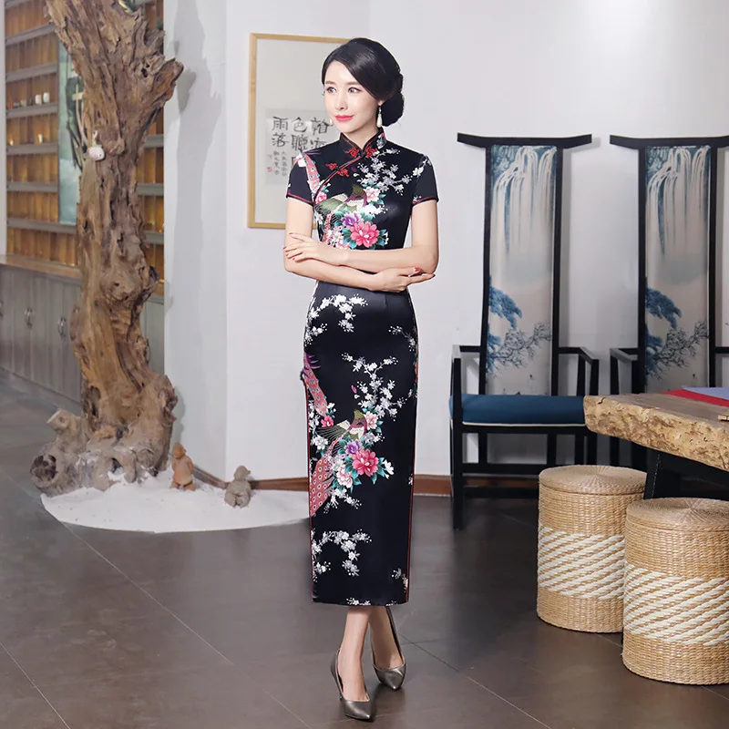 

Plus Size 3XL Chinese Women Traditional Long Satin Dress Sexy Tight Qipao Cheongsam Novelty Print Short Sleeve Dresses 0158