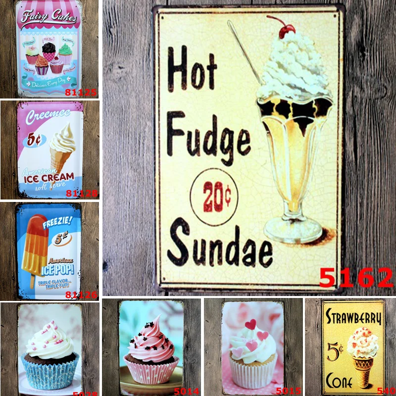 

American Style Vintage Tin Signs Cake Ice Cream Metal Poster For Bar Cake Candy Shop Bakery Home Wall Decor Painting Plaques