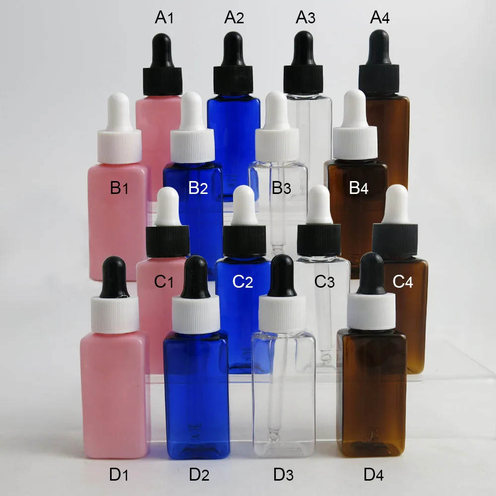 

30 x 30ml Square Plastic Dropper Bottles With Eye Pipette Empty Amber / Clear / Pink / Blue Essential Oils Bottle Containers
