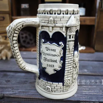 

Vintage Ceramic German Beer Mug The Castle in Celebration Hand Painted Mugs Embossed Pattern Coffee Cup 10*18cm