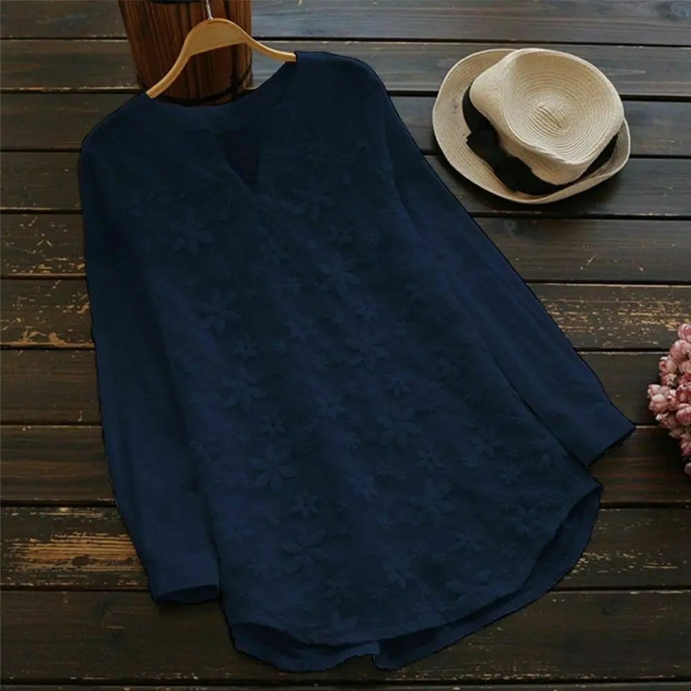 

Women Casual V-Neck Long Sleeve Shirt Embroidery Solid Loose Plus Size 5XL Top Blouse Summer Beach Cotton Soft Shirts New 2019