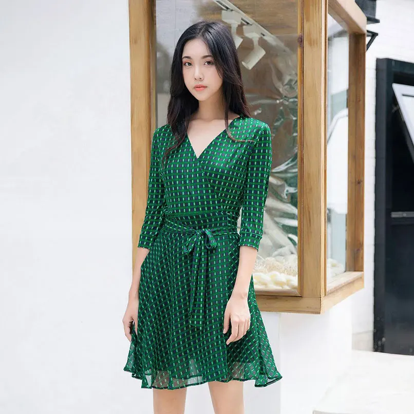 

Women Office One Piece Dress 2019 Spring Ladies Elegant Chiffon Green Plaid Chiffon Wrap Dresses