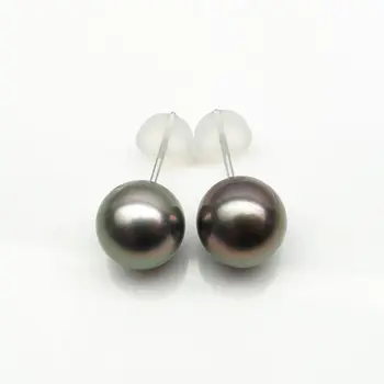 

8.5-9MM Round Green Genuine Tahitian Pearl Stud Earrings 18K White Gold AU750