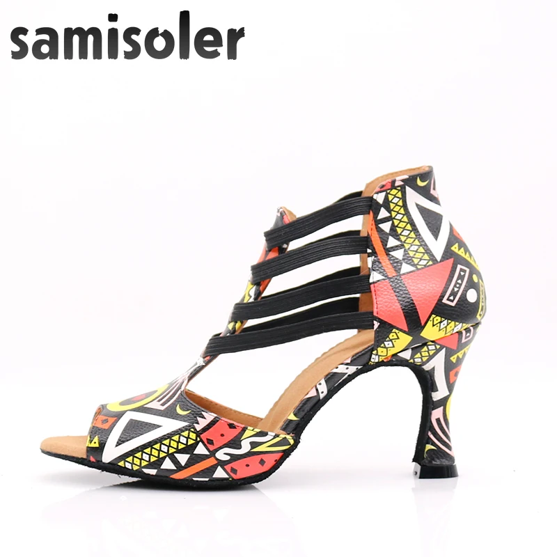 Samisoler Latin Dance Shoes Rainbow Colors bright PU Women's Salsa elegant Ballroom dancing shoes soft tango dance shoes heel