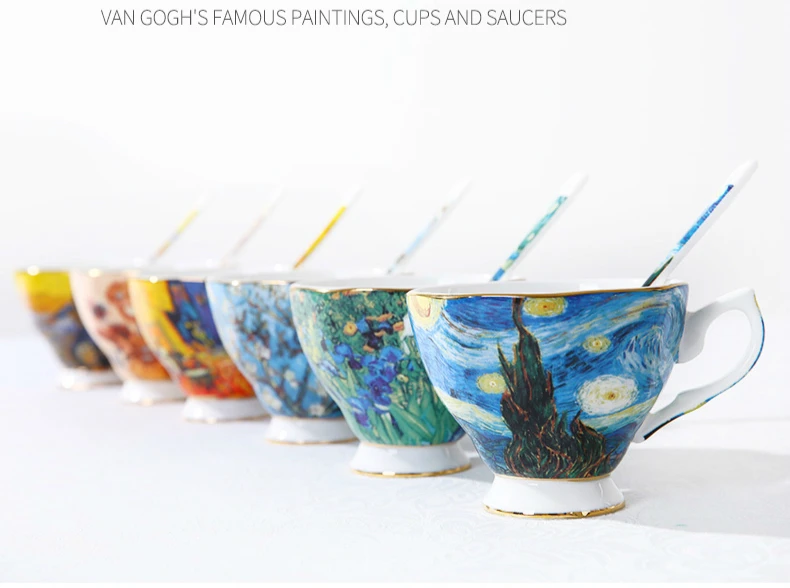 Знаменитая Картина на холсте Ван Гога, кофейная кружка из костяного фарфора, чайный сеялка ирис, абрикос, Подсолнух, звездная ночь, кофейная чашка, блюдце, набор