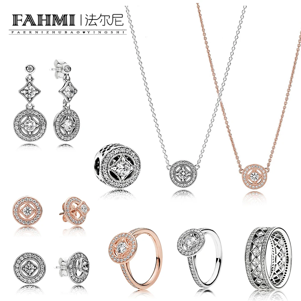 

FAHMI 100% 925 Sterling Silver 1:1 ROSE VINTAGE ALLURE RING EARRING NECKLACE Charm Original Fashion Women's Wedding Jewelry