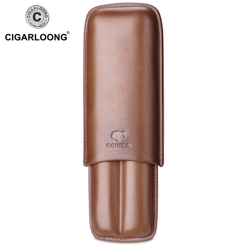 

New COHIBA Gadgets Brown Leather Cigar Case Holder Case Humidor 2 Tube Count Portable Travel Humidor with Gift Box CLH-0111