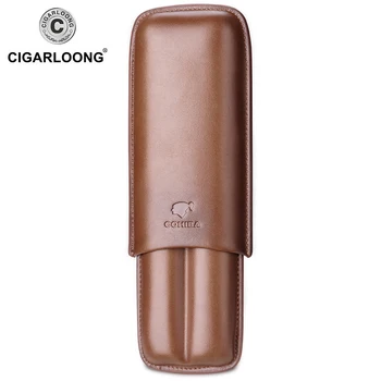 

New COHIBA Gadgets Brown Leather Cigar Case Holder Case Humidor 2 Tube Count Portable Travel Humidor with Gift Box CLH-0111