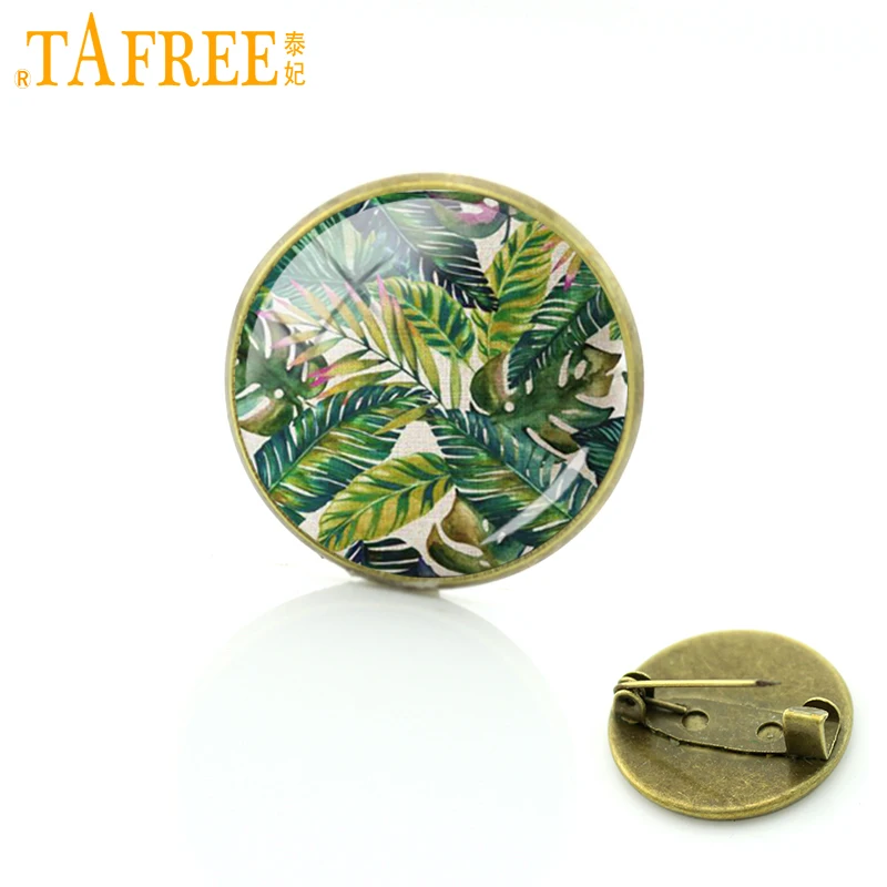 

TAFREE 2017 Tropic Tree Brooch Green leaf colorful flower Badge art picture glass cabochon Pins handmade charming jewelry A602