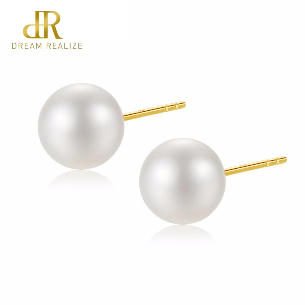 

DR 18k Pearl Studs Earrings Perfectly Round Freshwater Pearl 18k Yellow Gold Earrings With Different size Pear For Women