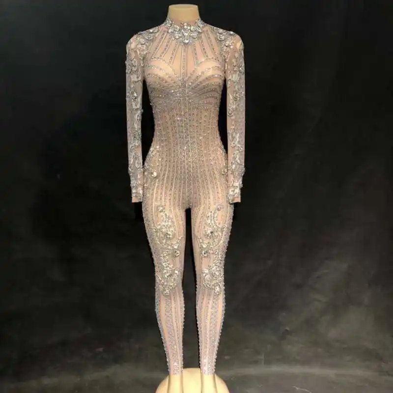 Silver Sparkly Rhinestones Jumpsuit Big Stones Bodysuit Women's