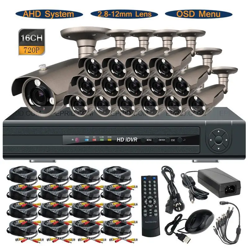 16CH 720P AHD Video DVR Security System 1.0MP 2.8-12mm OSD CCTV Outdoor Camera