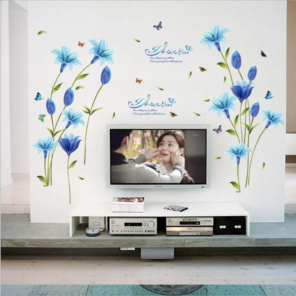60x90 см синие лилии лист шаблон наклейки на стену Декор Наклейка домашний телевизор украшение на стену в спальне стикер домашний декор