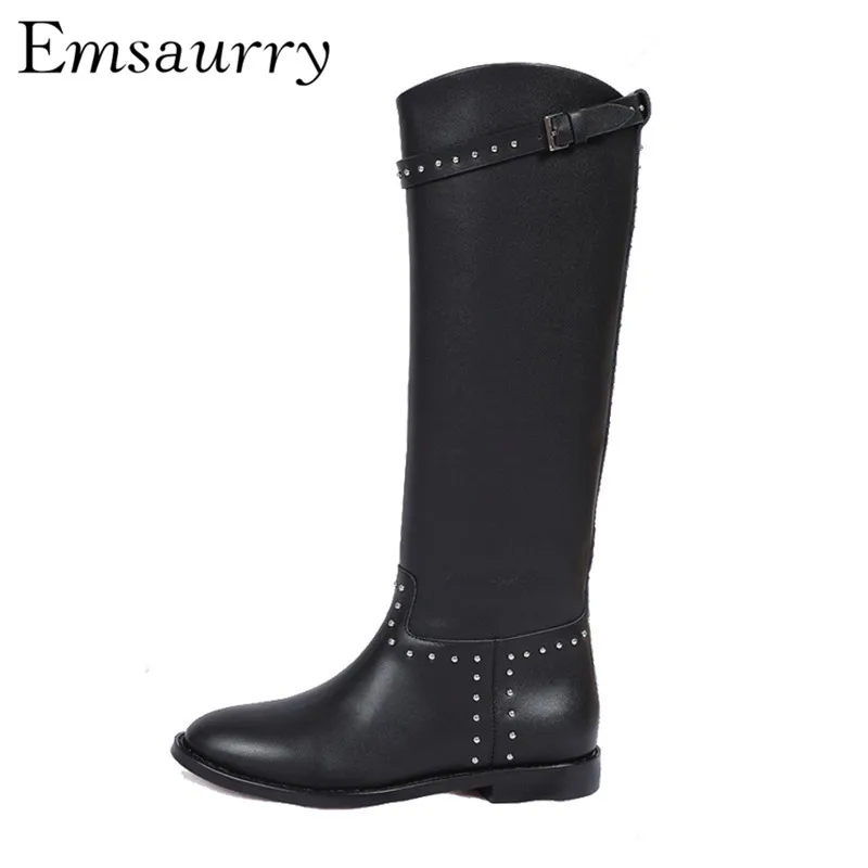 

Luxury Genuine Leather Long Booties Women Knight Boots Rivet Studded Buckle Knee High Boots Autumn Winter Boots
