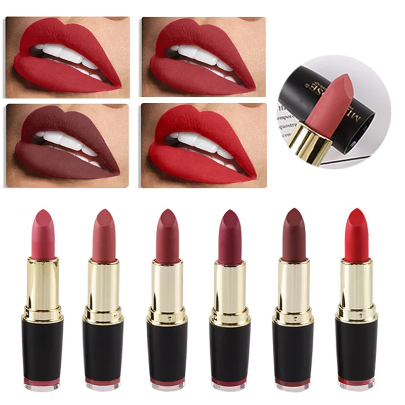 

New MISS ROSE Lipstick Matte Waterproof Velvet Lip Stick 6 Colors Sexy Red Brown Pigments Makeup Matte Lipsticks Beauty Lips