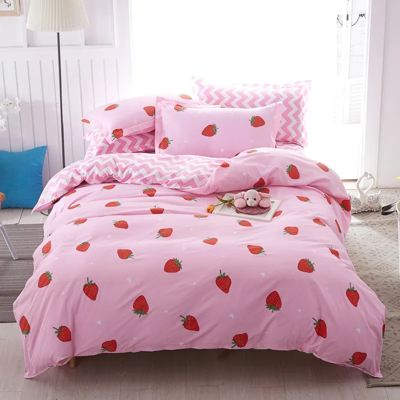 

Pink Bedding Set For Girl Kid Teen Bedlinen Strawberry Duvet Quilt Cover Pillowcase Stripe Bed Sheet 3-4Pc