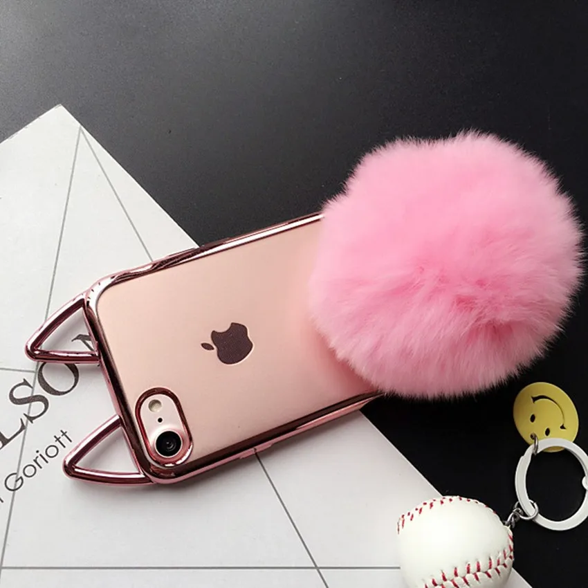XSMYiss роскошный мягкий чехол из ТПУ с милыми кошачьими ушками и пушистыми шариками