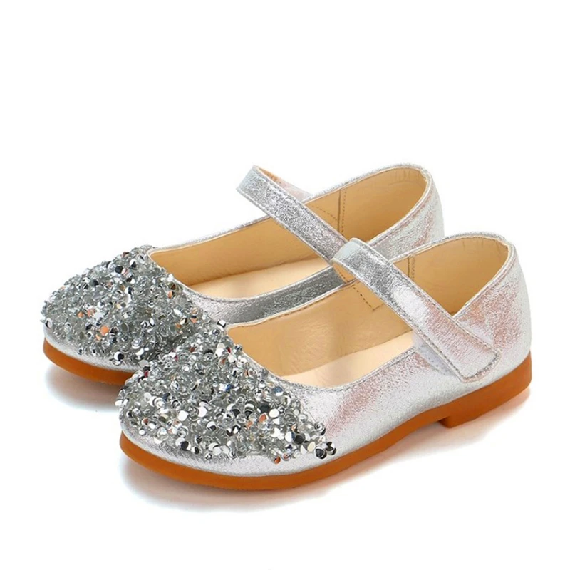 New Fashion Princess Shoes Pink Gold Silver Girls Shoes Glitter Rhinestone Sequins Kids Flats Children Wedding Party Dress