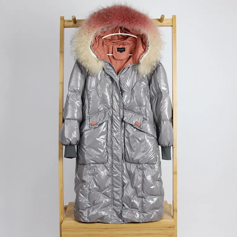 Зимний модный бренд, блестящая ткань, натуральный мех, с капюшоном, 90% утиный пух, парки, зимнее тонкое длинное плотное теплое пуховое пальто wq635 - Цвет: gray