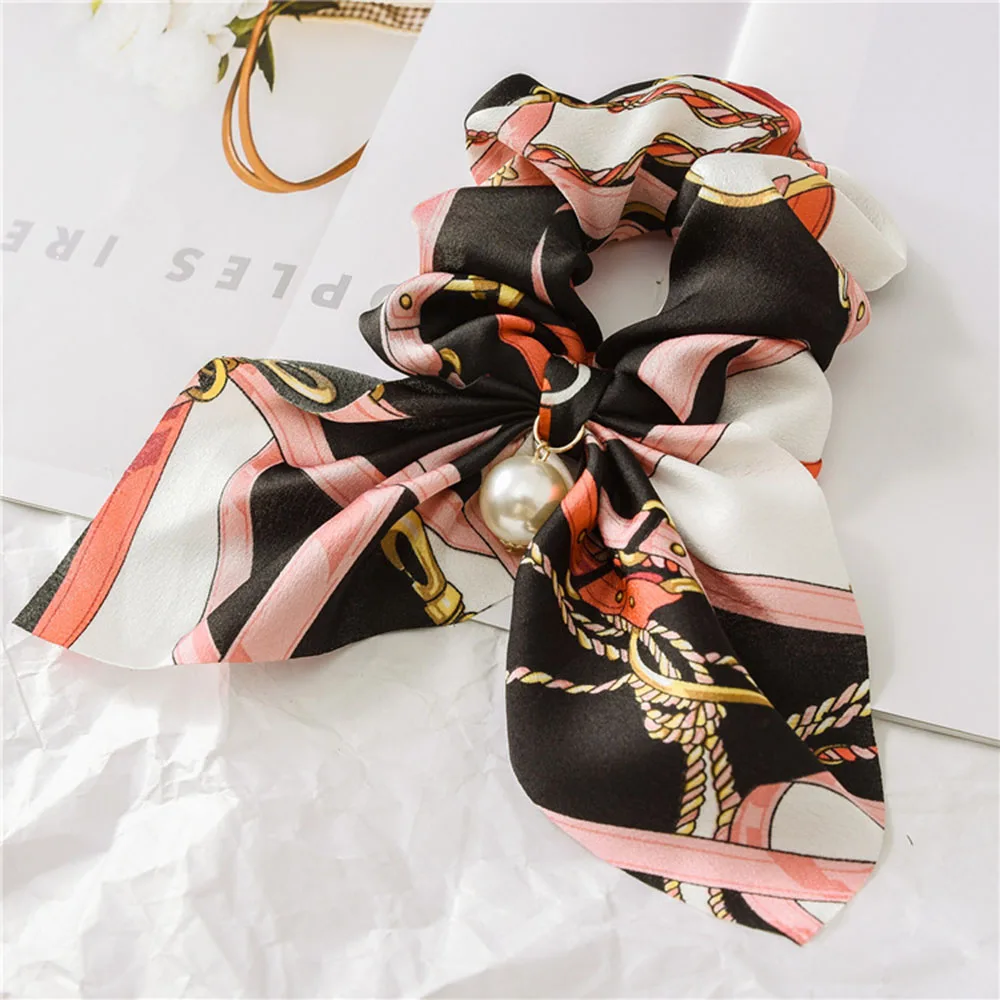 2021 New Chiffon Bowknot Silk Hair Scrunchies Women Pearl Ponytail Holder Hair Tie Hair Rope Rubber Bands Hair Accessories elastic headbands for women