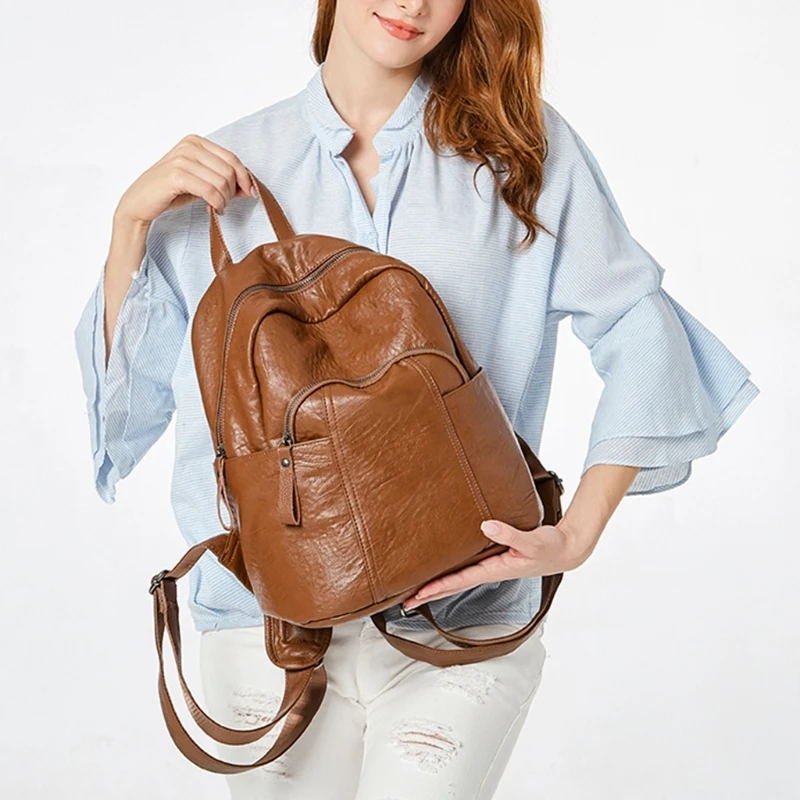 

Women Soft PU Leather Vintage Backpack 1014A for Travel School Mutipocket Anti-theft Backpack