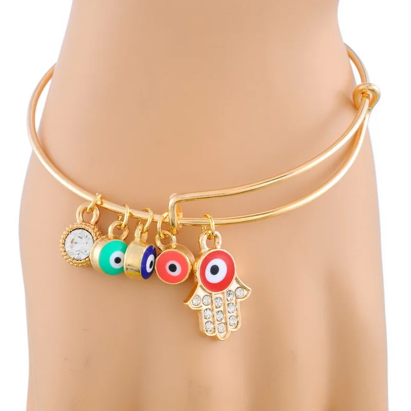 

Fashion Jewelry Gold Tone Bangle Bracelets Women Evil Eye Turkish Jewelry Fatima Hand Prayer Charms Pendent Wristband for Girl