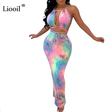 Liooil Tie Dye Женский комплект 2 шт. Холтер облегающее Макси платье с открытой спиной Платья размера плюс длинные сексуальные платья вечерние платья для ночного клуба