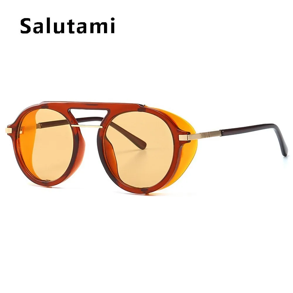 Круглые Солнцезащитные очки в стиле стимпанк для мужчин, двойная цветная оправа, винтажные Ретро солнцезащитные очки для женщин, сплав, панк, оттенки,, роскошный бренд - Цвет линз: tea orange
