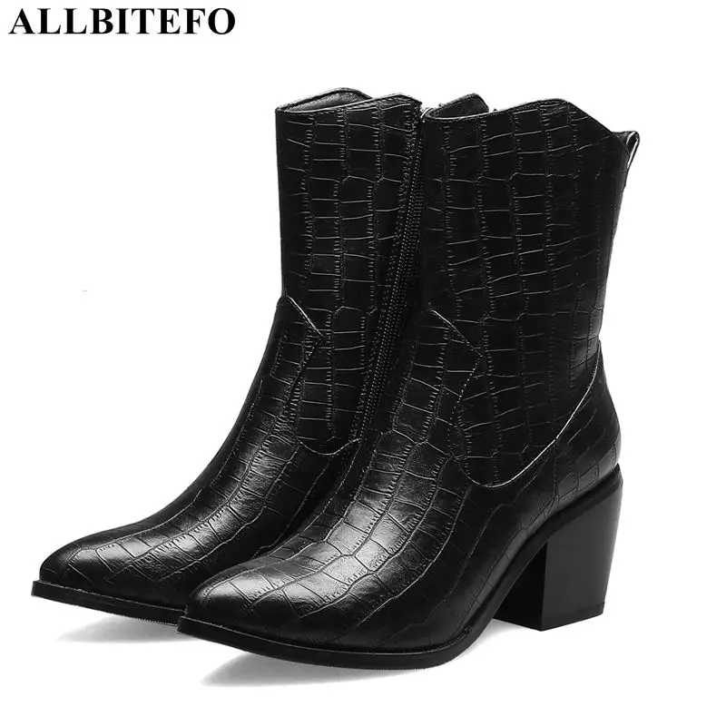 

ALLBITEFO large size:34-43 snake skin sexy high heels ankle boots for women high quality women martin boots winter snow boots