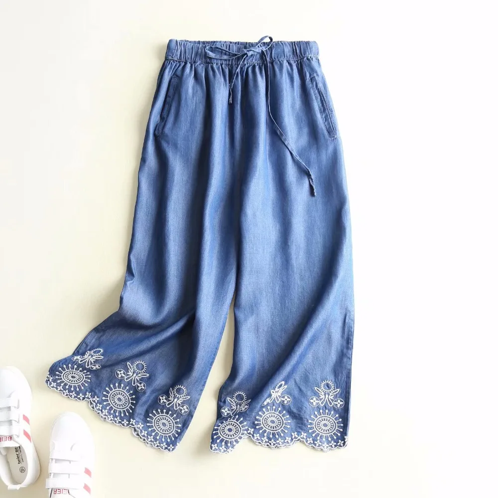 

ZOGAA women elastic waist with bow knot tie floral embroidery weave edge wide leg pants casual streetwear tencel jeans trousers