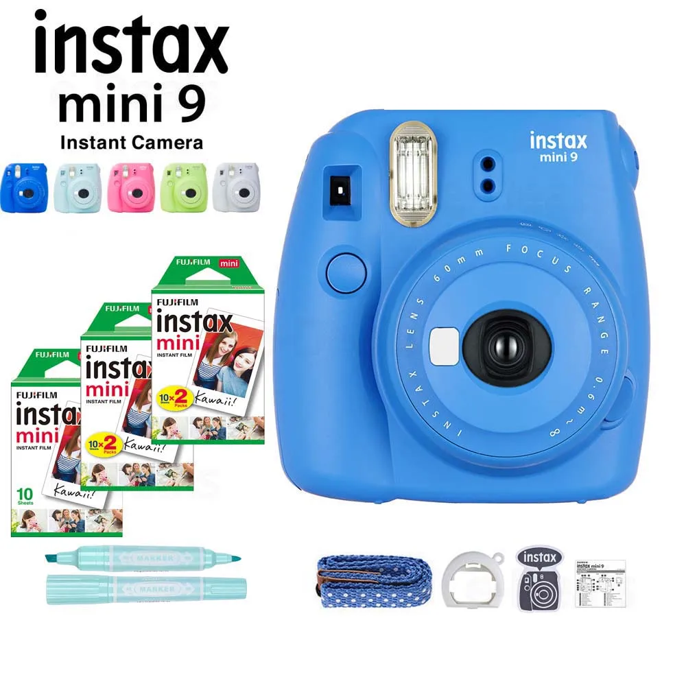 5 цветов Fujifilm Instax Mini 9 мгновенная камера+ 50 листов Fuji Instax Мини пленка белая фотобумага+ маркер+ объектив крупным планом+ ремешок