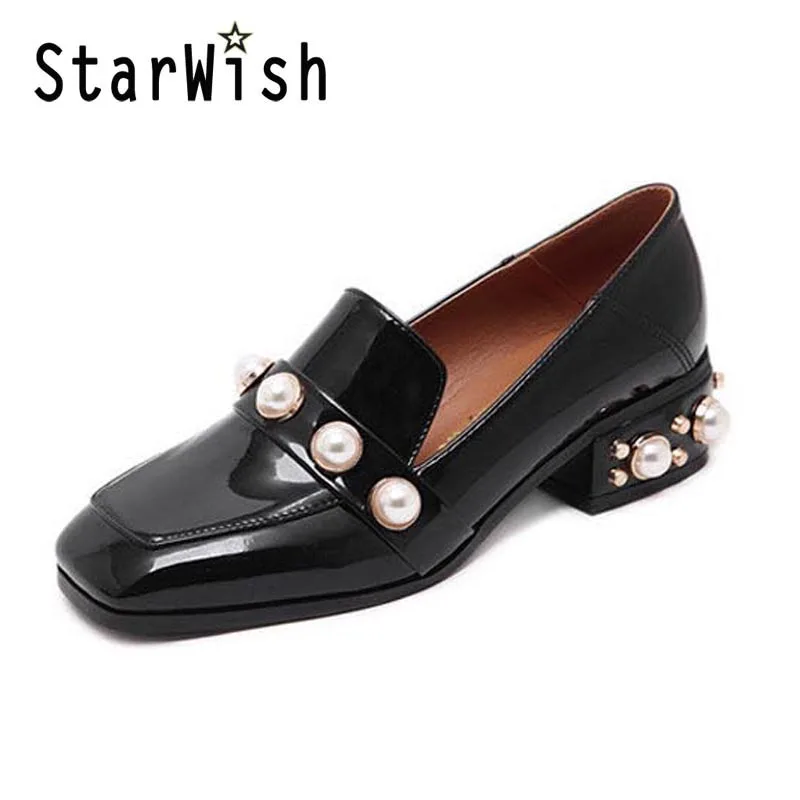 

Fashion Pearl Decoration Patent Loafers For Women High Quality Ladies Casual Slip-on Flats England Style Square Toe Flats Women