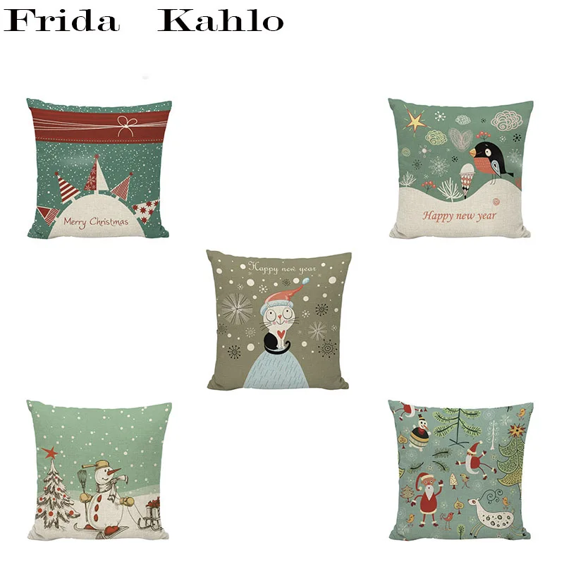 

Merry Christmas Cushion Cover Cute Bird Snowman Cat Festival Tree Pillowcase Snow Scene Simple Style Decorative Throw Pillows