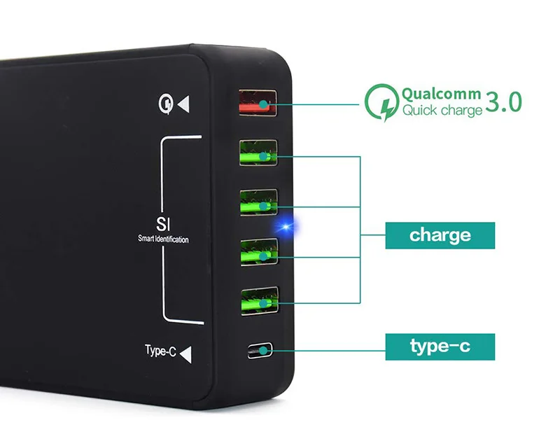 

USB Charger, 60W QC 3.0 Type C Desktop Charger : 6-Port USB Charging Station, Charger Hub, Multiple USB Charger for Smartphone