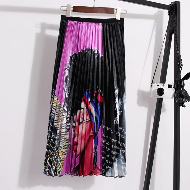 Boho Стиль Высокая талия плиссированная миди юбка для женщин летняя портретная Печать Повседневная Harajuku Пляжная Юбка Femme