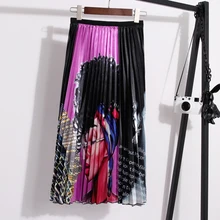 Boho Стиль Высокая талия плиссированная миди юбка для женщин летняя портретная Печать Повседневная Harajuku Пляжная Юбка Femme