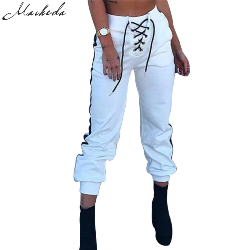 

Nibber Women Casual Pants 2018 Autumn Elastic Waist Bandage Side Black Bars White Pants High Waist Casual Leggings 3 Sizes