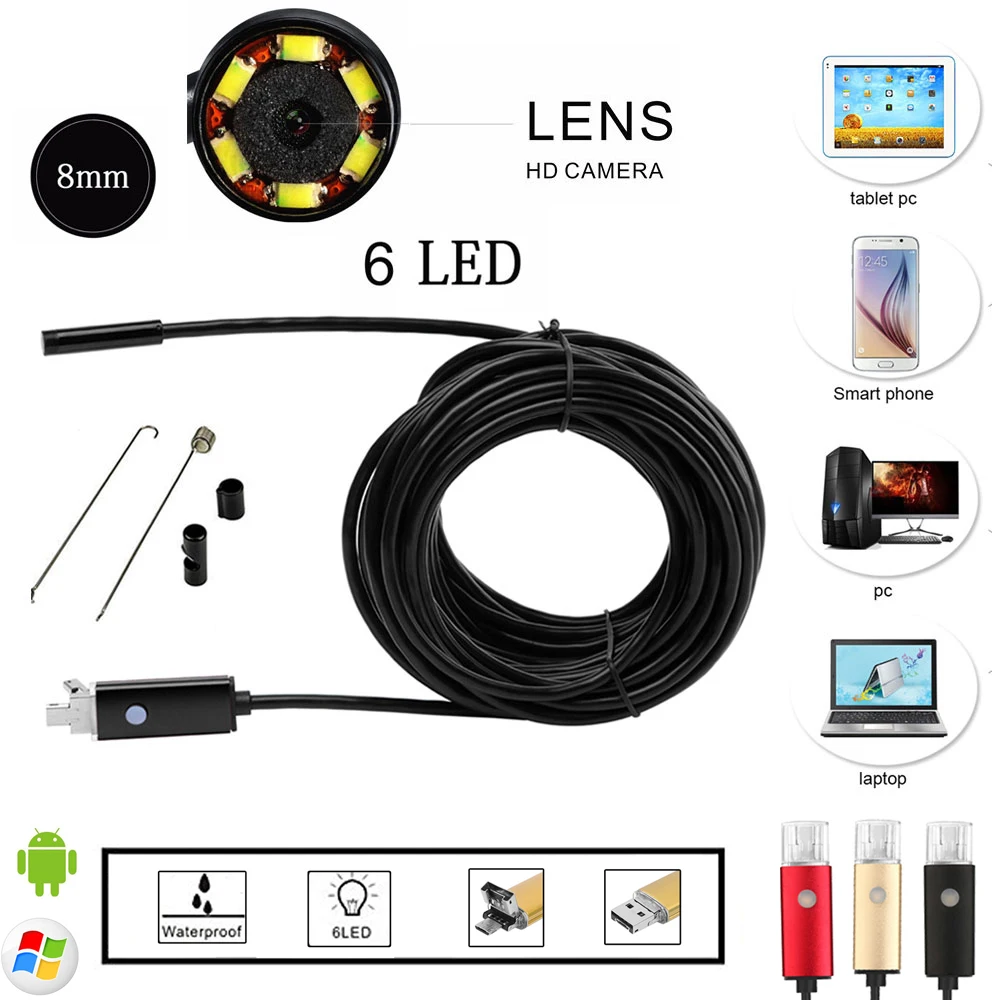 En Ligne 10 M Endoscope Android et PC USB Caméra D inspection 8.0 MM 2.0MP HD 720 P Endoscope D inspection Vidéo Cam 6 réglable LED 70 Degrés