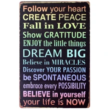 [Mike86] FOLLOW YOUR HEART создать Мира металлическая жестяная вывеска Ретро стены искусства бар Крафтовая Подарочная украшения AA-243 заказ смешивания 20*30 см