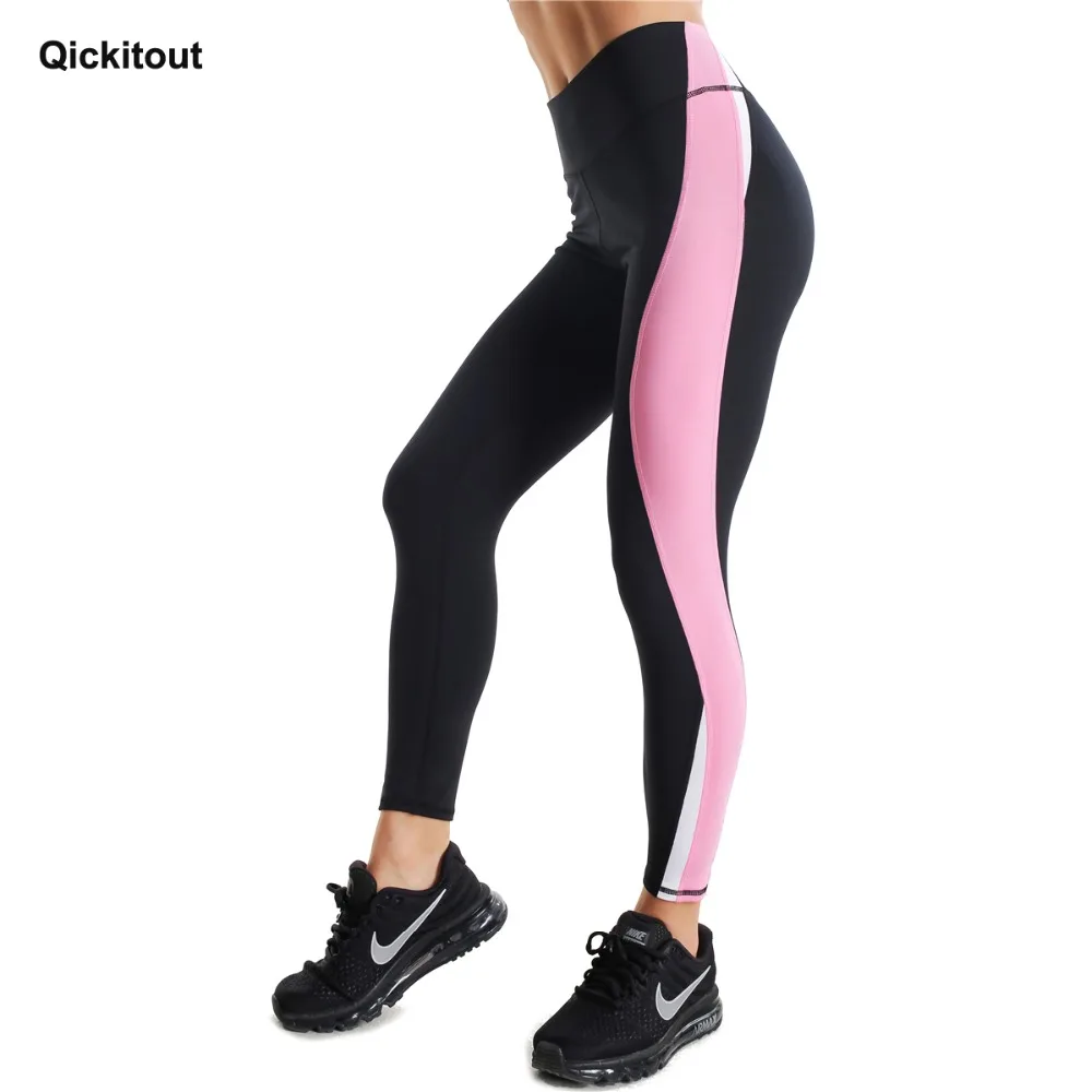 Qickitout Повседневный стиль осень зима дышащие спортивные тонкие леггинсы пуш-ап женские Полиэстеровые розовые полосатые леггинсы с принтом
