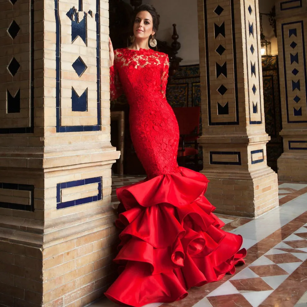 Indian Church Long Sleeve Red Mermaid Long Prom Dress 2019