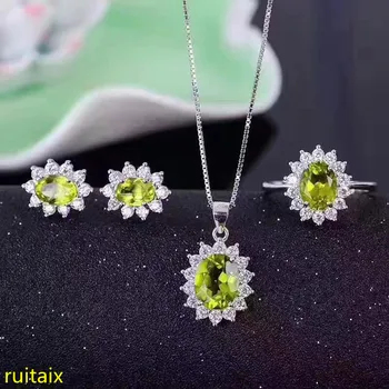 

925 sterling silver inlaid with natural Peridot set ring earrings female fashion flower shaped