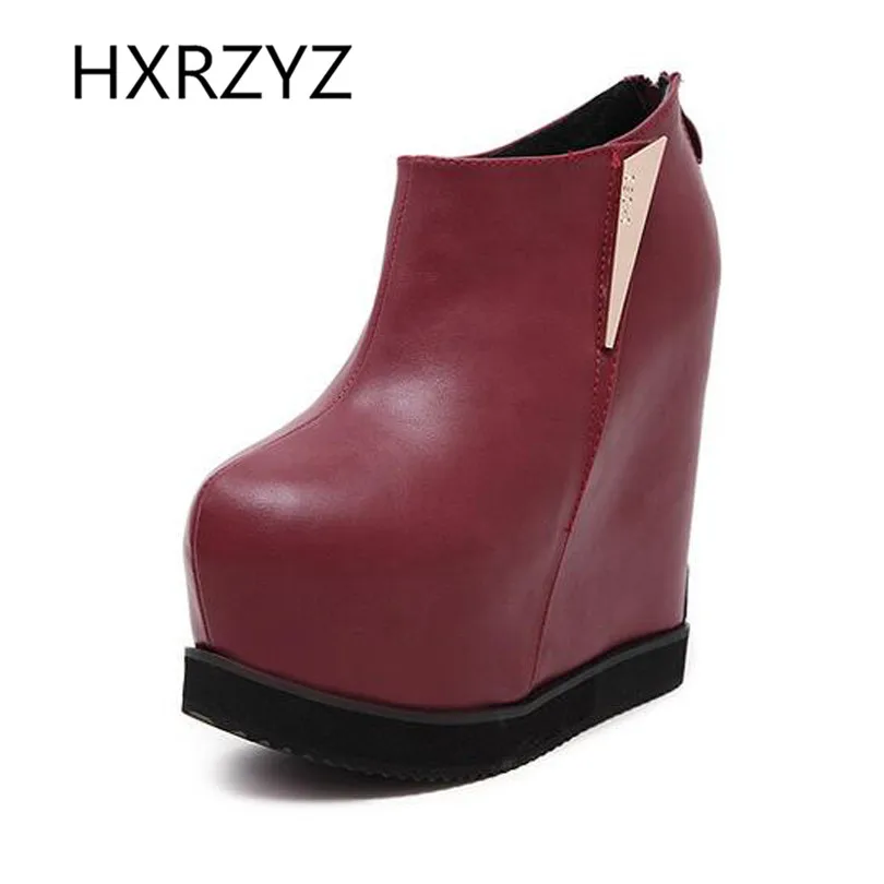 

Brand HXRZYZ Spring / autumn ladies height increasing wedges the platform Booties women 14cm high heels ankle boots