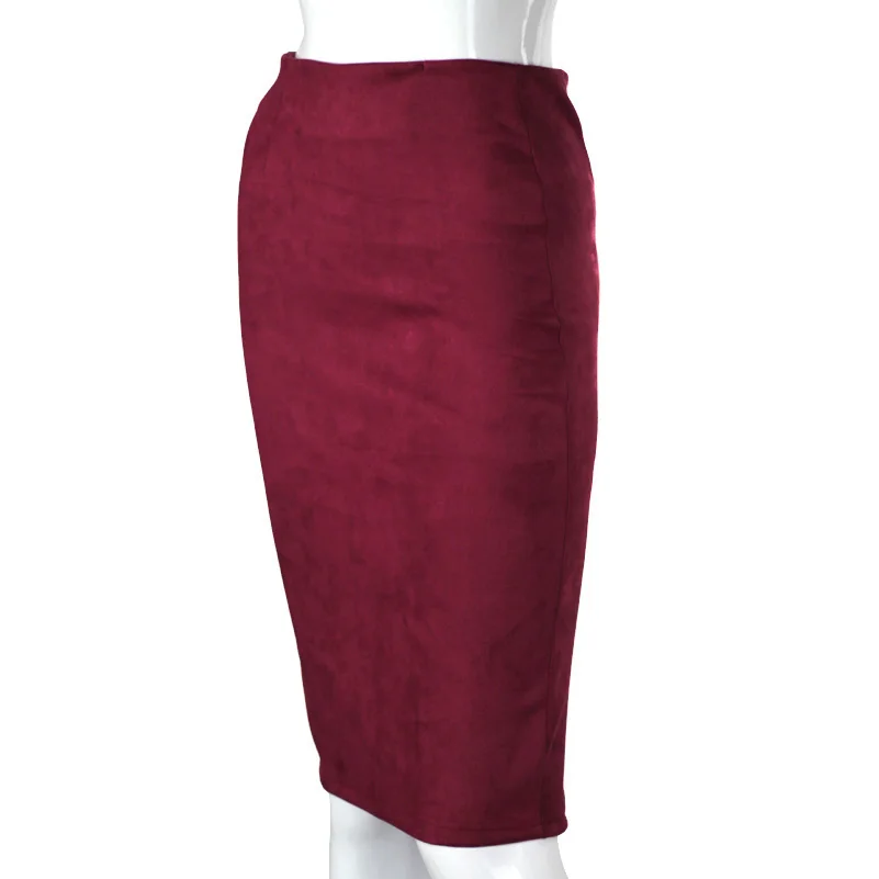 Dark Red SheBlingBling, юбки в стиле ампир, весенние, искусственная замша, карандаш, высокая талия, облегающее, с разрезом, плотные, эластичные, сексуальные юбки, длина до колена, размера плюс - Цвет: Dark Red