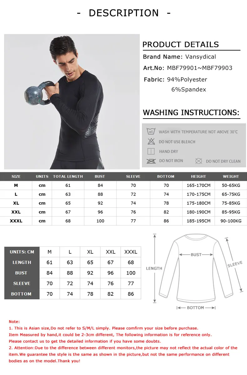 VANSYDICAL Quick Dry Running T-shirts Men Compression Shirts Men\'s Long Sleeve Screen Printing Shirt for Outdoor Fitness Tops XL 12