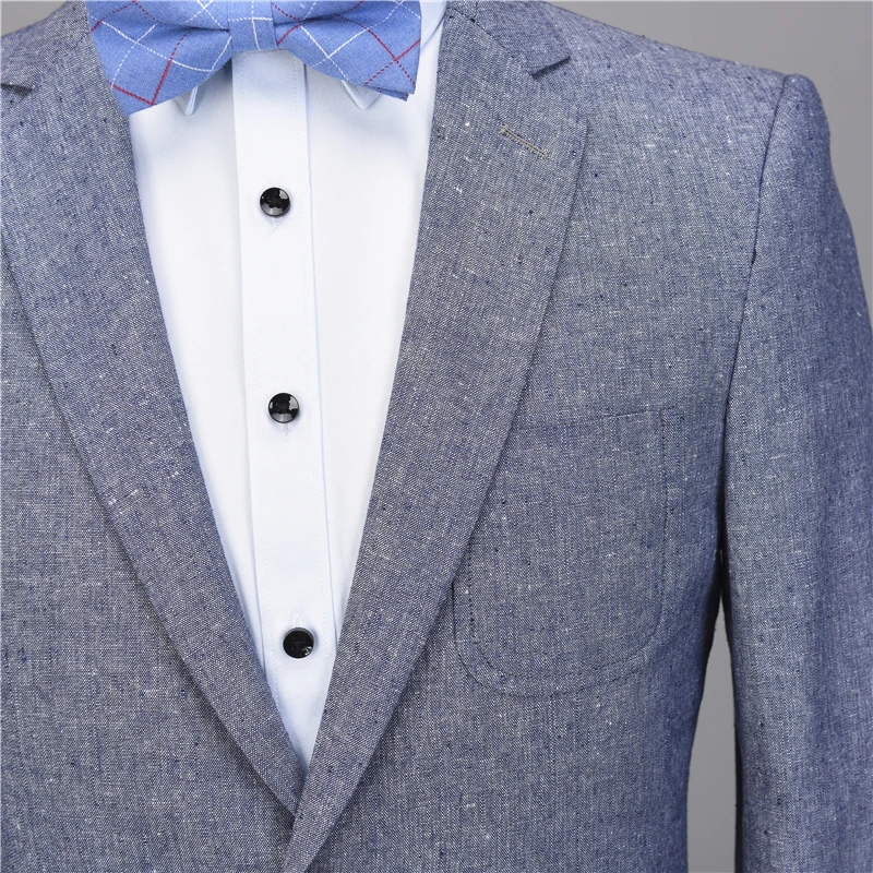 NA56 светильник, синий льняной Повседневный смокинг на заказ, мужские костюмы, приталенный Блейзер, новейший дизайн пальто, брюки, 2 предмета, Terno, пиджак+ брюки