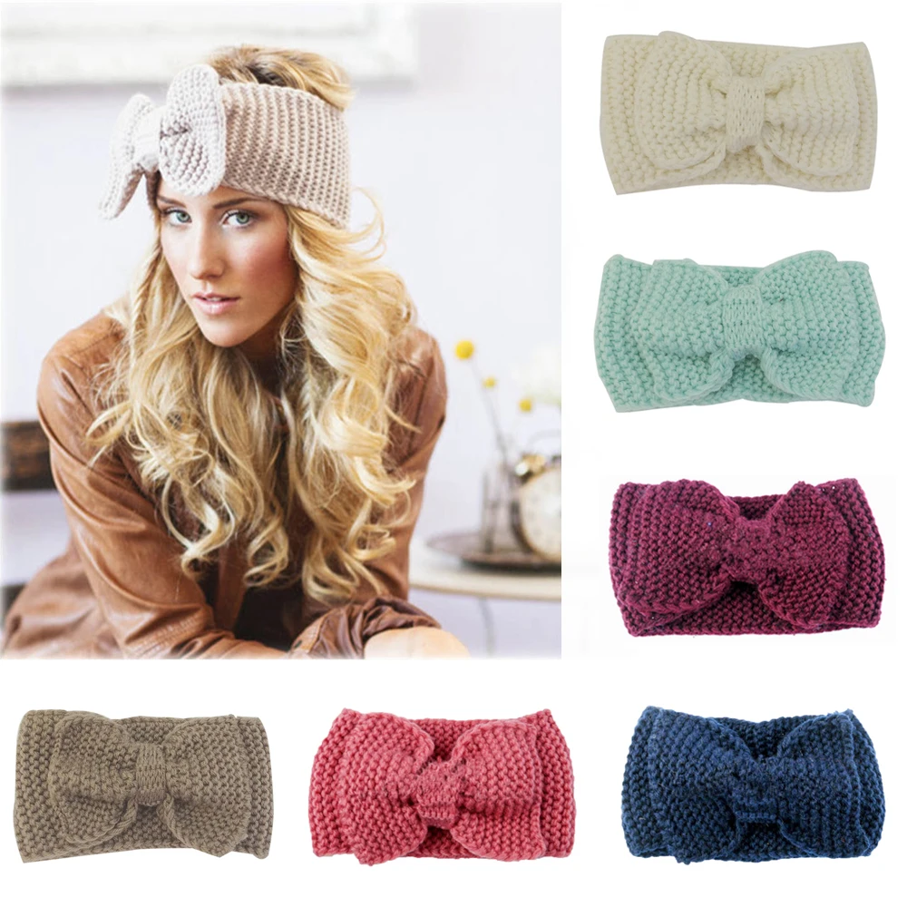 

Lady Knitted Crochet Hair Bow Headband Winter Wool Ear Warmer Turban For Women Stretch Solid Head Wrap Hair Accessories
