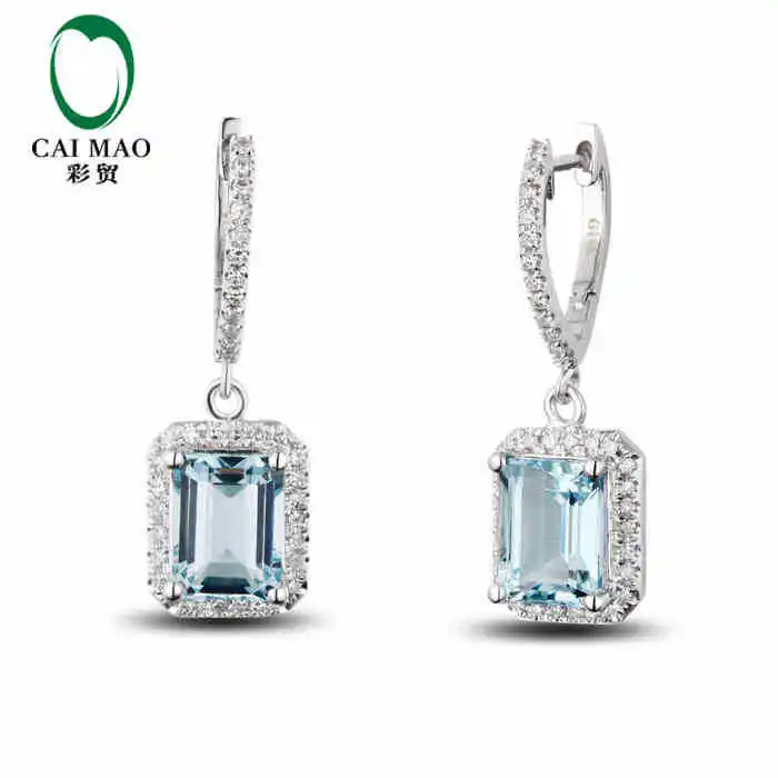 CaiMao 2.98 ct Natural Aquamarine 14KT/585 White Gold 0.35ct Round Cut Diamond Wedding Earrings Jewelry Gemstone